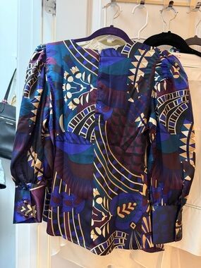Ann Taylor Printed Puff-Sleeve Blouse in Purple and Blue